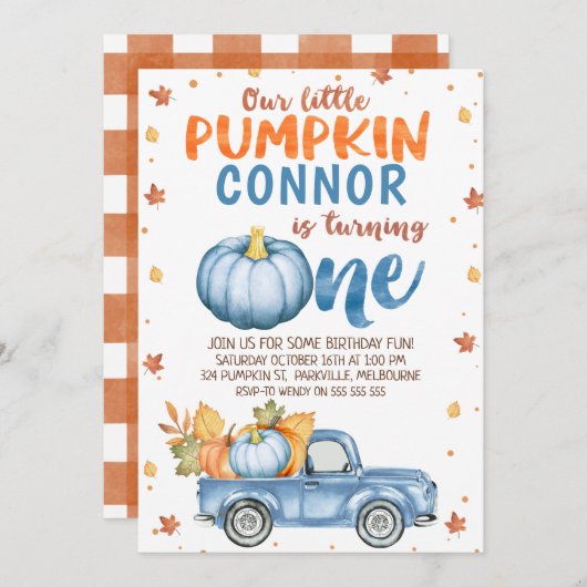 Blauw bruin Oranje pompoen vrachtwagen 1ste verjaa Kaart (Voorkant / Achterkant)