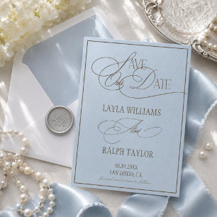 Blauw & Bruin Oud Geld Kust Bruiloft Save The Date