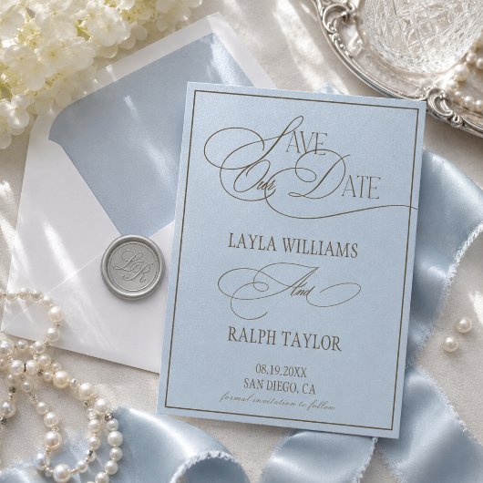 Blauw & Bruin Oud Geld Kust Bruiloft Save The Date