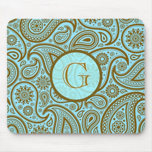 Blauw & Bruin Paisley Retro Patroon-Monogram Muismat (Voorkant)