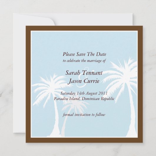 Blauw/bruin palmbomen Weddenschap Bewaar de datum Save The Date (Achterkant)