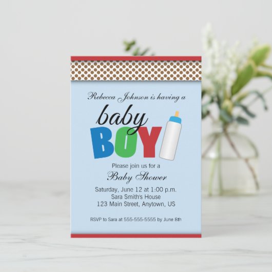 Blauw & Bruin Polka Dots Baby shower Jongen Kaart (Staand voorkant)