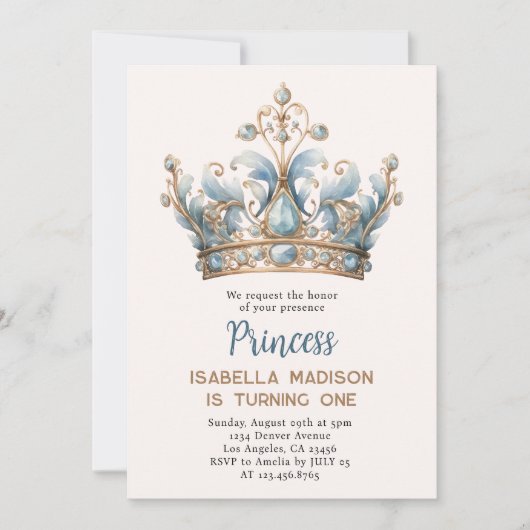 Blauw Bruin Prinses Kroon 1e verjaardagsfeest Kaart (Voorkant)