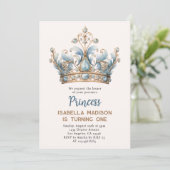 Blauw Bruin Prinses Kroon 1e verjaardagsfeest Kaart (Staand voorkant)