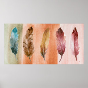 Blauw Bruin Rode Veren Wall Art Print