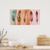 Blauw Bruin Rode Veren Wall Art Print (Keuken)