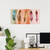 Blauw Bruin Rode Veren Wall Art Print (Thuiskantoor)