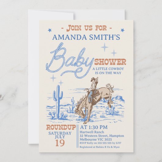  Blauw Bruin Rodeo Cowboy Baby shower Kaart (Voorkant)