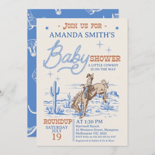 Blauw Bruin Rodeo Cowboy Baby shower Kaart (Voorkant / Achterkant)