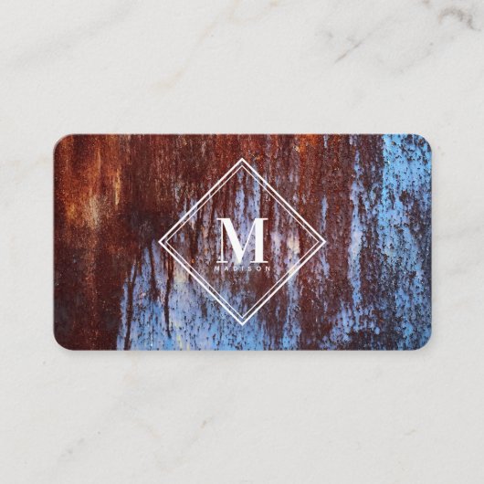 Blauw Bruin Roest Metaal Textuur Monogram Initiaal Visitekaartje (Voorkant)