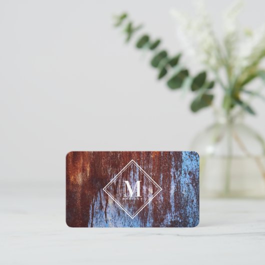 Blauw Bruin Roest Metaal Textuur Monogram Initiaal Visitekaartje (Staand voorkant)