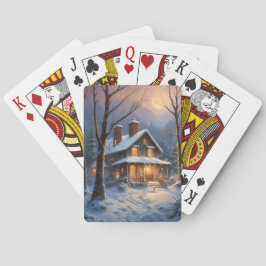 Blauw bruin rustieke winterhut sneeuwschilderij pokerkaarten