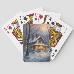 Blauw bruin rustieke winterhut sneeuwschilderij  pokerkaarten