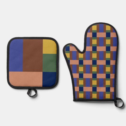 Blauw bruin Tan Groen Geel Kleurenblok Afdrukken Ovenwant & Pannenlap Set (Voorkant)
