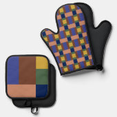 Blauw bruin Tan Groen Geel Kleurenblok Afdrukken Ovenwant & Pannenlap Set (Voorkant / Achterkant)