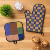 Blauw bruin Tan Groen Geel Kleurenblok Afdrukken Ovenwant & Pannenlap Set (Top down)