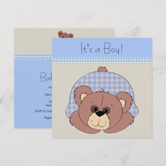 Blauw Bruin Teddy Bear Baby Boy Shower Kaart (Voorkant / Achterkant)
