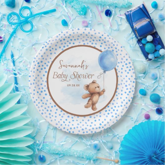 Blauw Bruin Teddy Bear Baby shower Papier Bord (Feest)