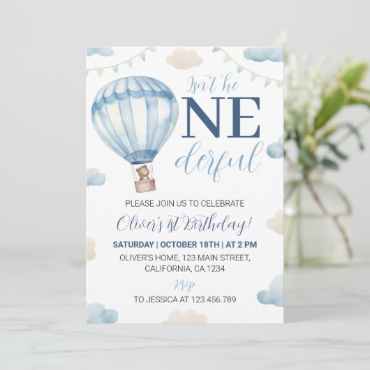 Blauw Bruin Teddy Beer Jongen Verjaardag Uitnodigi Kaart (Staand voorkant)