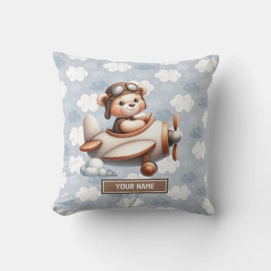 Blauw Bruin Teddybeer Baby shower gepersonaliseerd Kussen (Voorkant)
