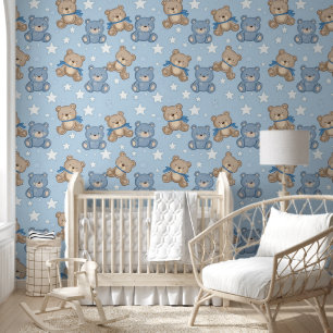 Blauw Bruin Teddybeer Sterren Patroon Baby kwekeri Behang