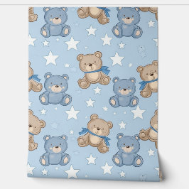 Blauw Bruin Teddybeer Sterren Patroon Baby kwekeri Behang