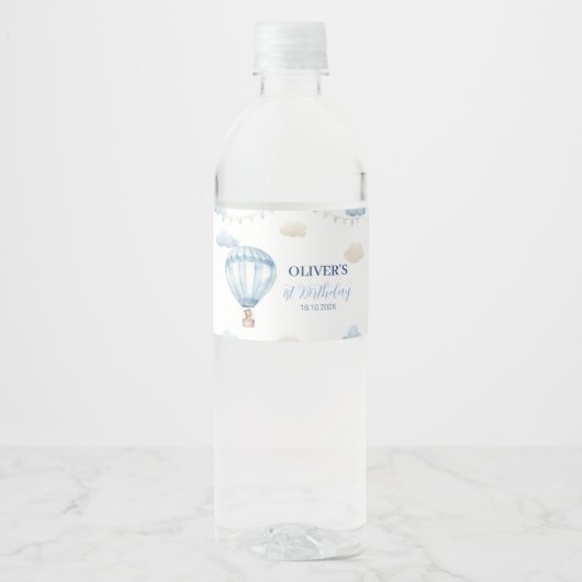 Blauw Bruin Teddybeer Verjaardag Water Fles Label Waterfles Etiket (Voorkant)