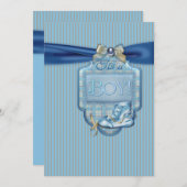 Blauw Bruin Vintage Jongen Douche Uitnodiging (Voorkant / Achterkant)