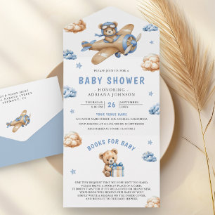  blauw bruin vliegtuig teddybeer Baby shower All In One Uitnodiging