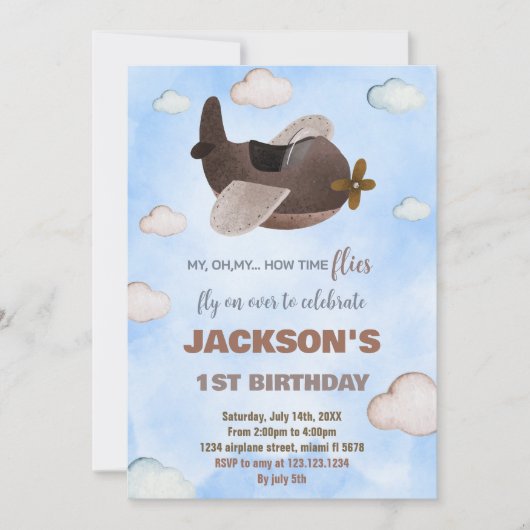 Blauw Bruin Vliegtuig Verjaardag Uitnodigingen (Voorkant)