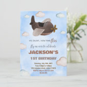 Blauw Bruin Vliegtuig Verjaardag Uitnodigingen (Staand voorkant)