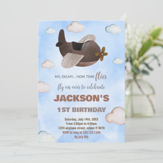 Blauw Bruin Vliegtuig Verjaardag Uitnodigingen (Staand voorkant)