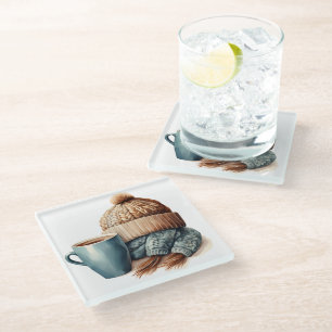 BLAUW & BRUIN WINTERKOFFIEKOPJE & GEBREID PET GLAZEN ONDERZETTER