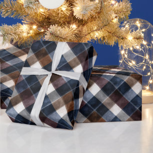 Blauw Bruin Wit Grijs Vierkanten Kerstmis Cadeaupapier