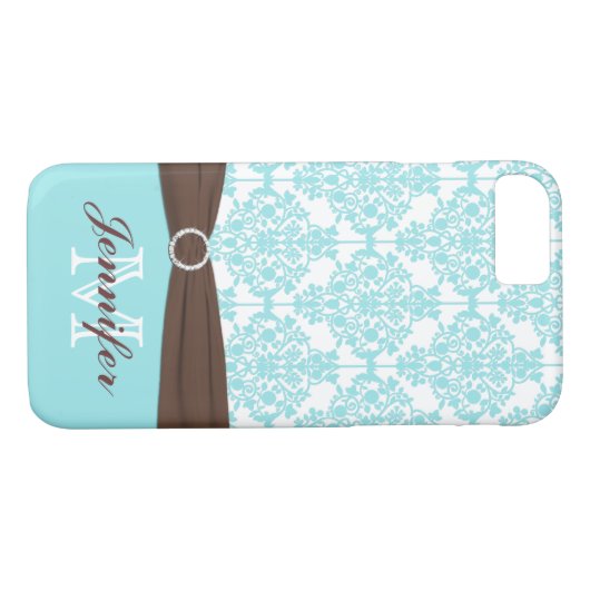 Blauw, bruin, witte Damask iPhone 7 Hoesje (Achterkant (Horizontaal))