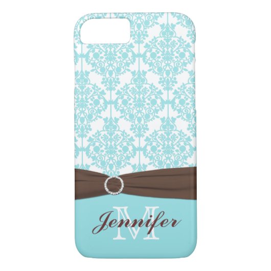 Blauw, bruin, witte Damask iPhone 7 Hoesje (Achterkant)