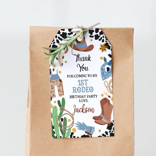 Blauw Bruin zadel omhoog Eerste Rodeo 1e Verjaarda Cadeaulabel