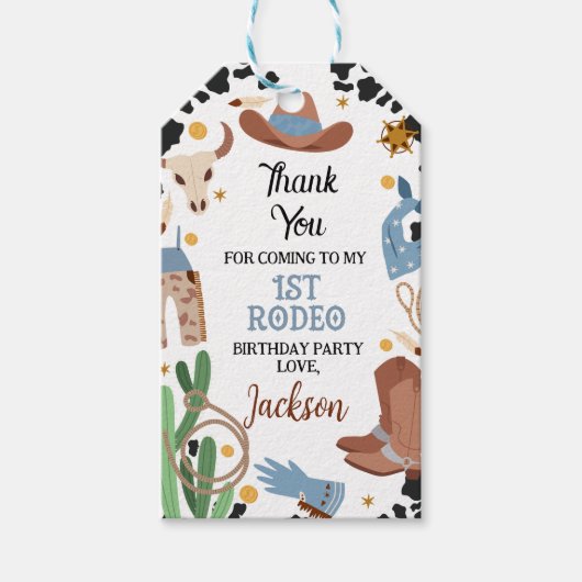 Blauw Bruin zadel omhoog Eerste Rodeo 1e Verjaarda Cadeaulabel (Voorkant)