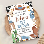 Blauw Bruin zadel omhoog Eerste Rodeo 1e Verjaarda Kaart<br><div class="desc">Blue Brown Saddle Up First Rodeo 1st Birthday Invitation Schattigee boy's eerste rodeo 1st birthday uitnodiging met een aantal cowboy boots,  cowboy pet,  sommige touwen,  cactus,  sheriff badge en zwarte koe print.</div>