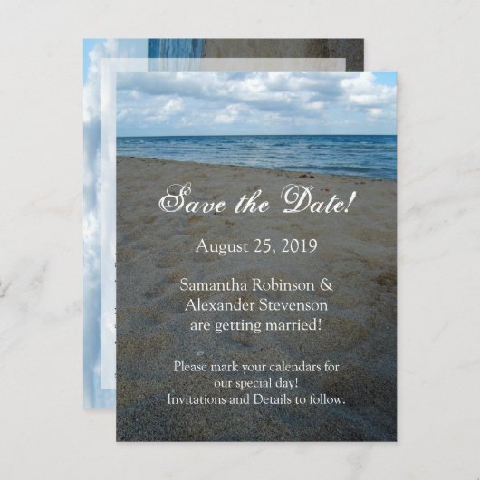 Blauw Bruin Zanden Strand Bruiloft Save the Date K Aankondigingskaart (Voorkant / Achterkant)