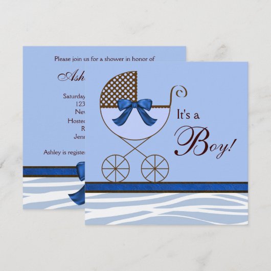 Blauw Bruin Zebra Baby Boy Douche Uitnodigingen (Voorkant / Achterkant)