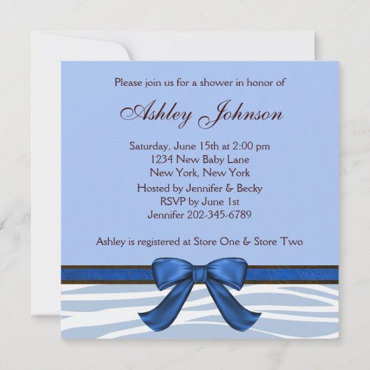 Blauw Bruin Zebra Baby Boy Douche Uitnodigingen (Achterkant)