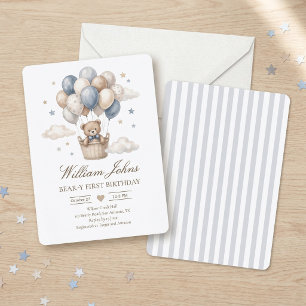 Blauw Bruine Aquarel Heet Lucht Ballon Teddybeer Kaart