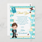 Blauw bruine jongen Eerste Communie Dank je Briefkaart (Voorkant / Achterkant)