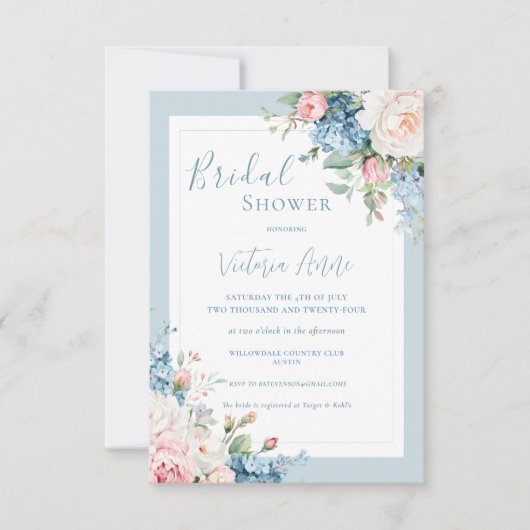 Blauw Budget Bloemige Hortensia Elegante Bruiloft  Kaart (Voorkant)