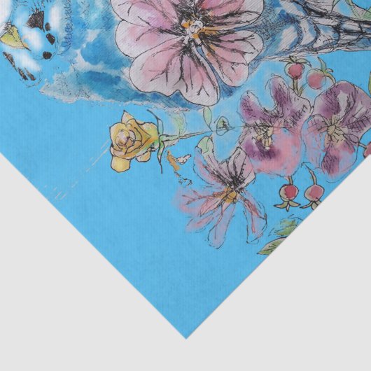 Blauw Budgie Rozen Bloemenpatroon Blauw Weefseldoc Tissuepapier (Detail)