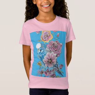 Blauw Budgie Schattige Whimsical Roze Blauw Meisje T-shirt