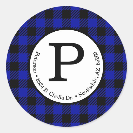 Blauw Buffalo Check Retouradreslabel Ronde Sticker (Voorkant)