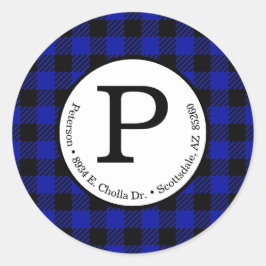 Blauw Buffalo Check Retouradreslabel Ronde Sticker
