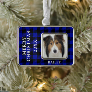 Blauw Buffalo geruit hond foto gepersonaliseerd Verzilverd Omlijst Ornament